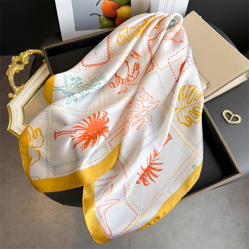 Beach Style Printed Silk Square Scarf - High-End Feel Shawl, Sun Protection Neck Tie, Headscarf, Small Square Scarf