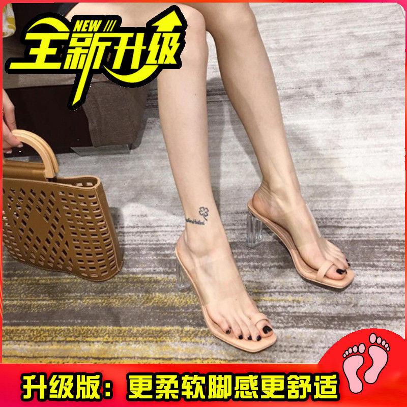 Internet celebrity transparent sandals female thick heel fairy wind 2025 summer new toe crystal high heel cool slippers outer wear