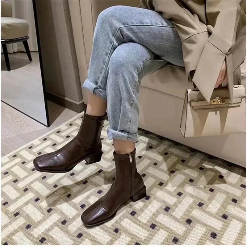 2024 New Square Toe Ankle Women Boot High Quality Soft Leather Short Boot Zipper Low Heel  Shoes