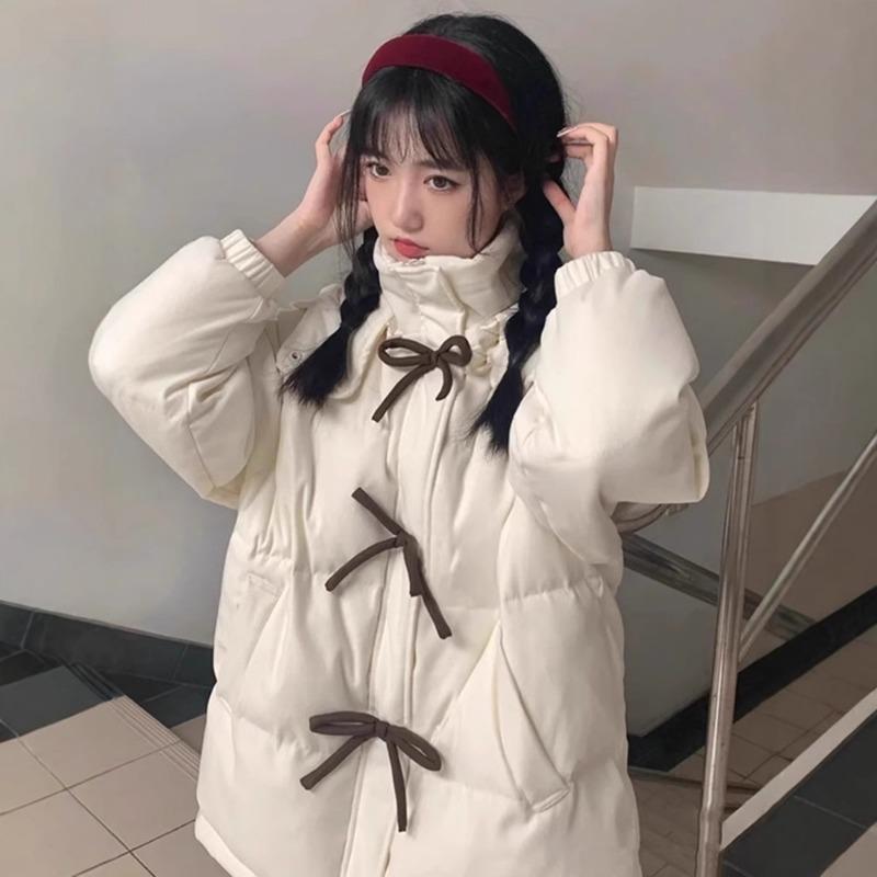 Bow white down jacket women's winter new sweet loose college style thickened cotton jacket small trendy