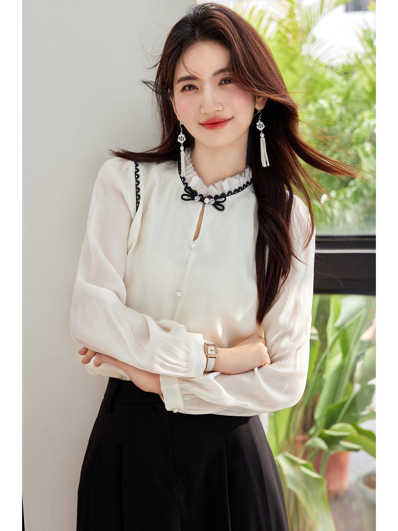 

In-Stock 2025 Chinese Style Women s Long Sleeve Frog Button Blouse M бежевый