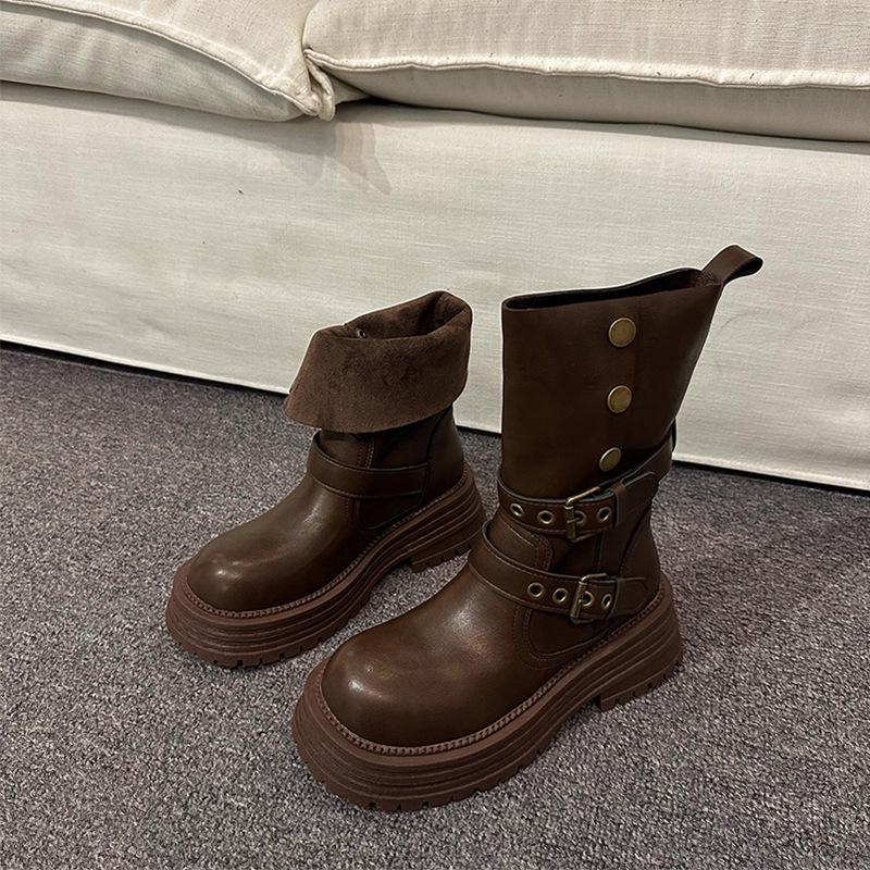 Women s 2025 British Style Vintage Martin Boots - Brown & Black Ankle Boots with Thick Sole 39