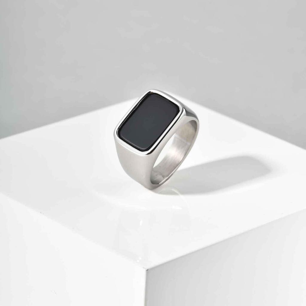Men's Stainless Steel Gold Ring with Black Glass Stone and Geometric Design (RC-619)