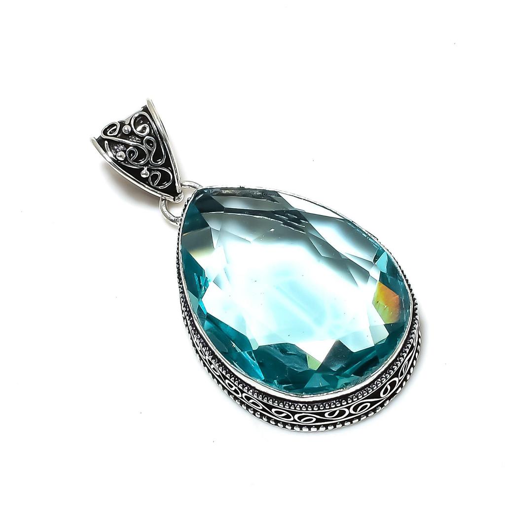 Beautiful Blue Topaz Gemstone Silver Pendant in 925 Sterling Silver- Handmade Design, Everyday Wear Jewelry, Unique Pendant Engagement Gift