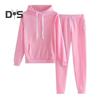 2 Pcs/Set Women Hoodie Pants Suit Solid Color Plush Long Sleeves Thick Top Elastic Waist Ankle-banded Trousers Sport Fitness Outfit Fall Winter