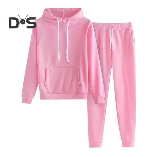 2 Pcs/Set Women Hoodie Pants Suit Solid Color Plush Long Sleeves Thick Top Elastic Waist Ankle-banded Trousers Sport Fitness Outfit Fall Winter