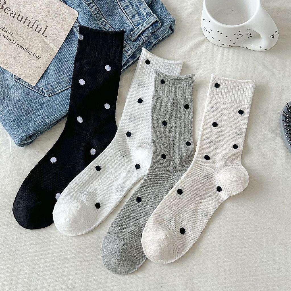 Women's Polka Dot Breathable Cotton Slouch Socks - Retro Style Mesh Mid-Calf with Rolled Cuff