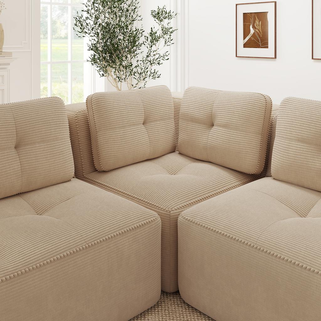 Modular corner sofa, two-seater, frameless L-shaped sofa with movable footrest, corduroy fabric, suitable for living room and bedroom, Beige
