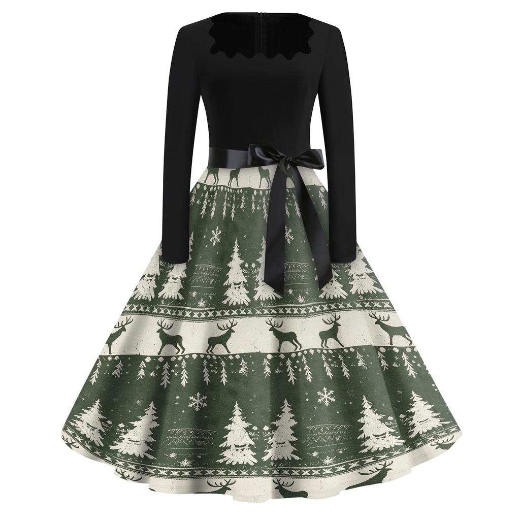 Women's Casual Christmas Print Square Neck Vintage Dress for Holiday Party and Everyday Wear