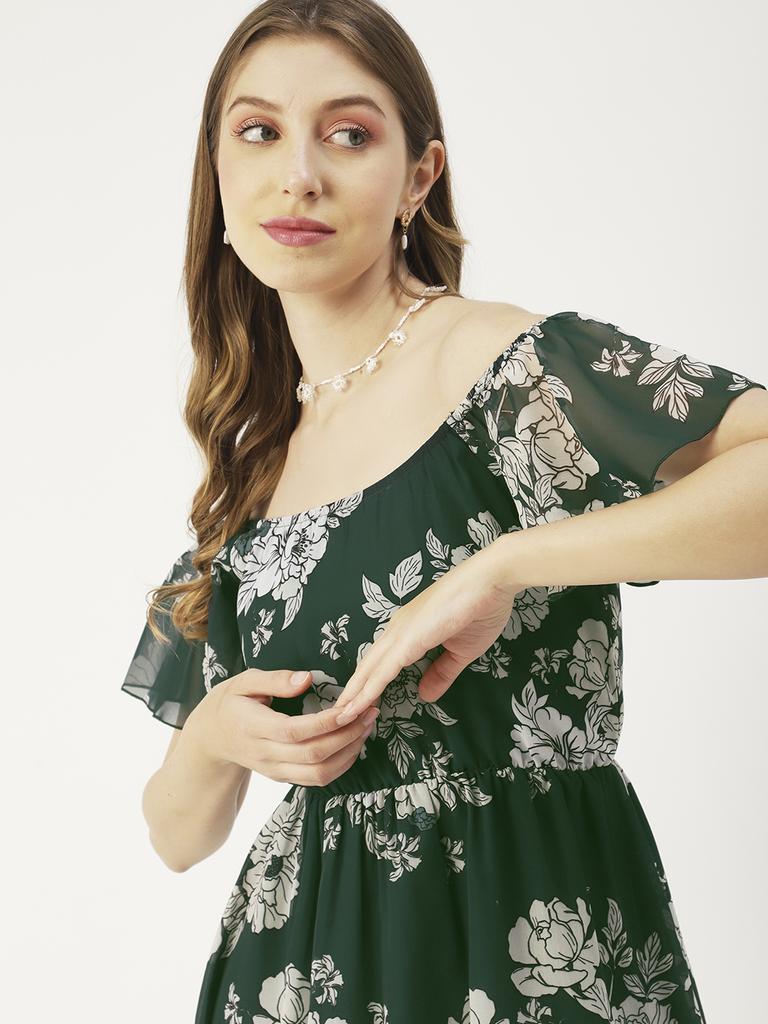 Moomaya Printed Off-Shoulder Poly Georgette Midi Dress Cinched Long Dress