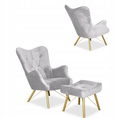 Scandinavian Armchair Luna with Footrest, Pouffe, Button,, Grey Velvet