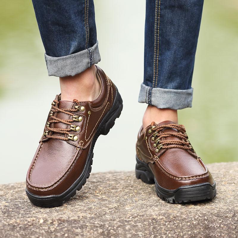Fashion Men Casual Shoes Handmade Genuine Leather Versatile Outdoor Men Sneakers Black Brown Thick Bottom Non-Slip Classic Hiking Shoes