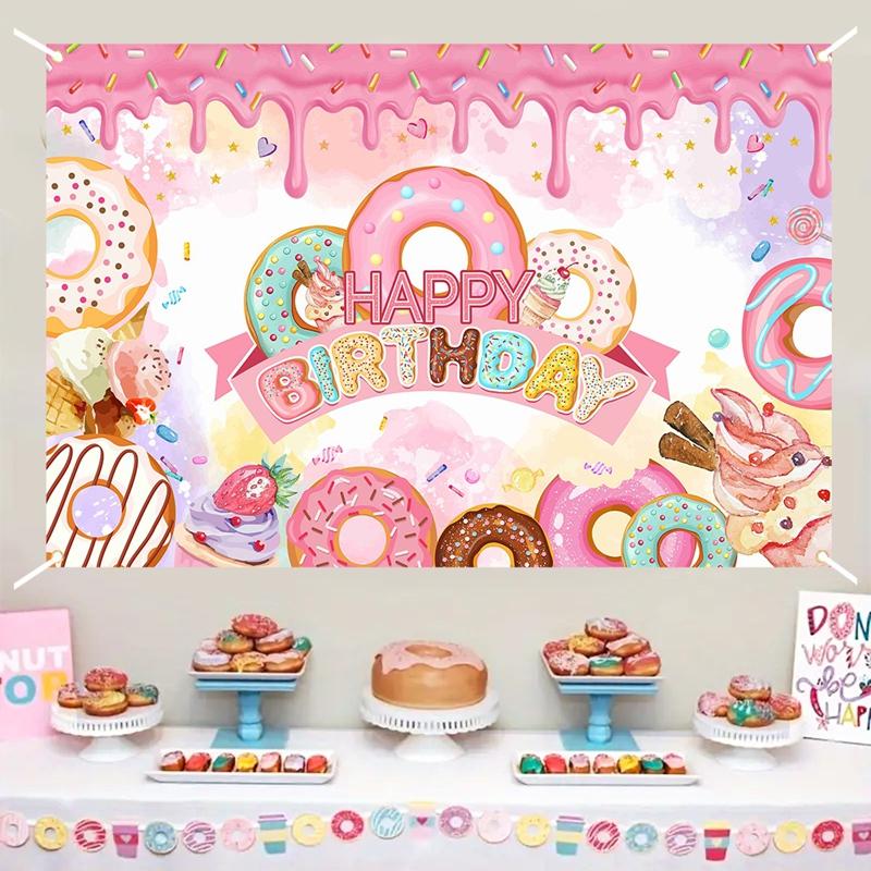 Donut Theme Party Backdrop Banner Happy Birthday Party Decor Photo Booth Background Baby Shower Girl Hanging Flag Backdrop Props