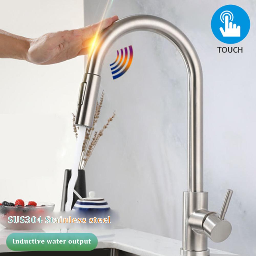 

Выдвижной сенсорный смеситель для кухни из нержавеющей стали с чувствительным сенсорным управлением, смеситель для кухни, сенсорный смеситель для кухни серебряный
