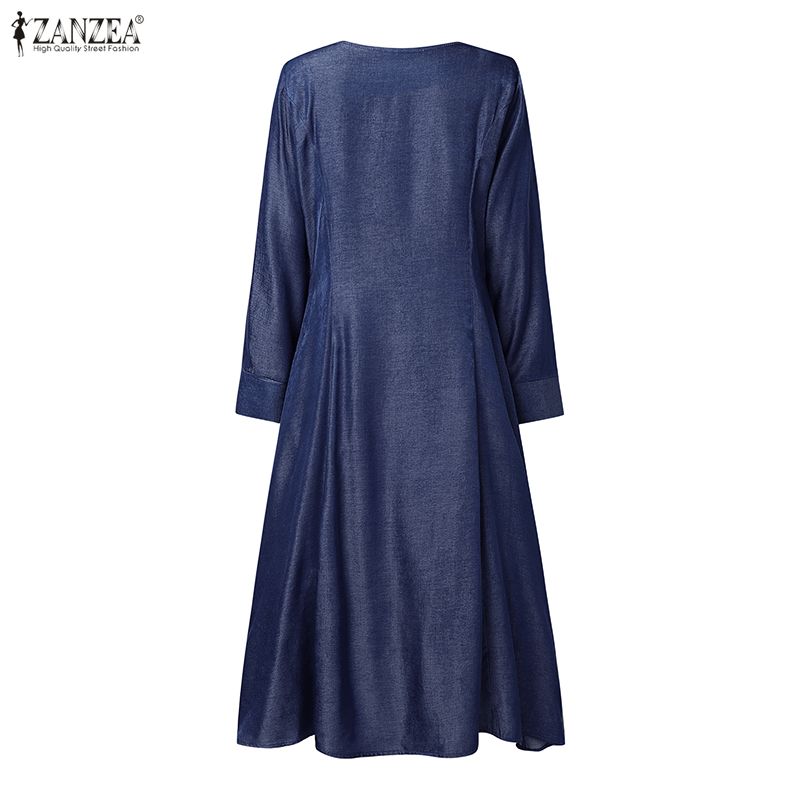 ZANZEA Women Casual V-Neck Long Sleeve Elegant Long Dress