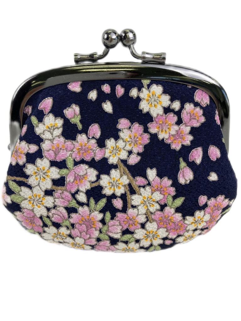 Uni Made In Futago Japanese Clasp Cherry [Wakomono Komonkobo] (0211) Seni, Japan, Chirimen, Pattern, 3.2-inch Wallet, Blossom/Navy