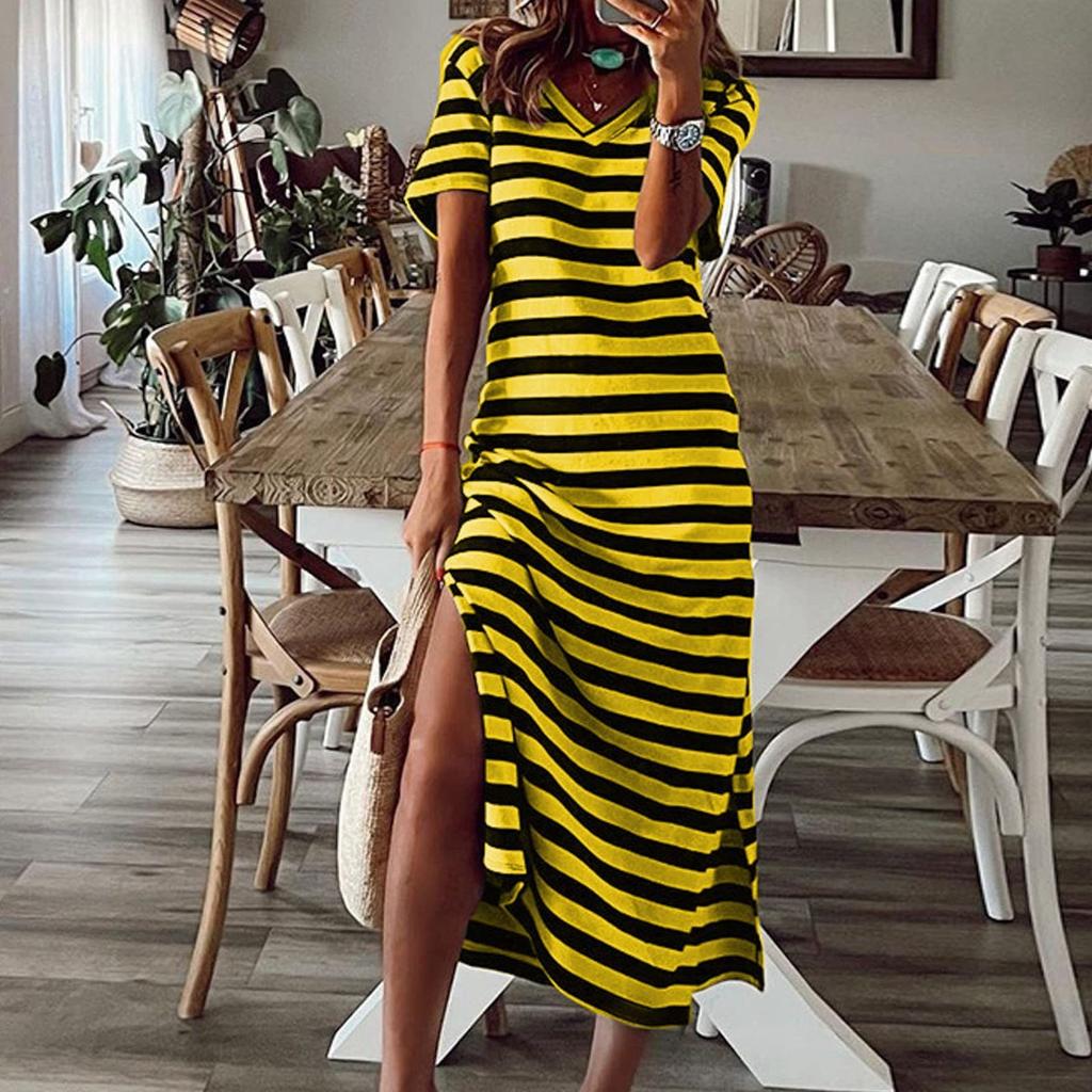 Women's Striped Side Slit Midi Dress V Neck Short Sleeve Casual Holiday Loose Dress