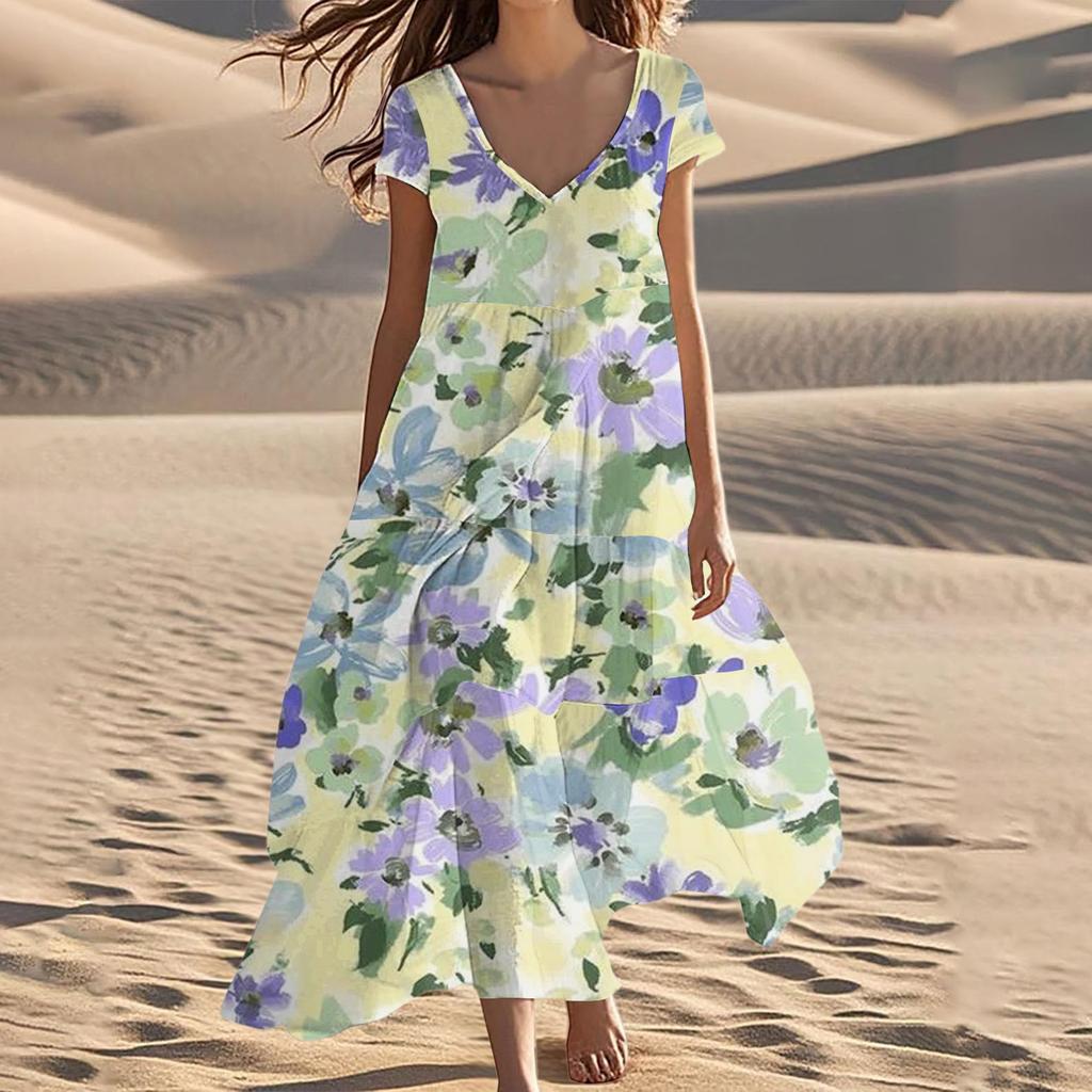 Women's Summer Fashion V-Neck Beach Long Short Sleeve Floral Printed Dresses