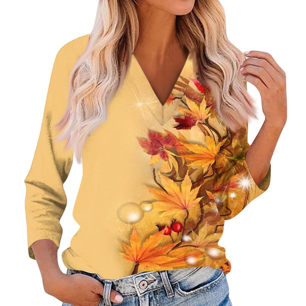 Women's Casual And Fashionable Flower Printing V-Neck Top With Seven Quarter Sleeves