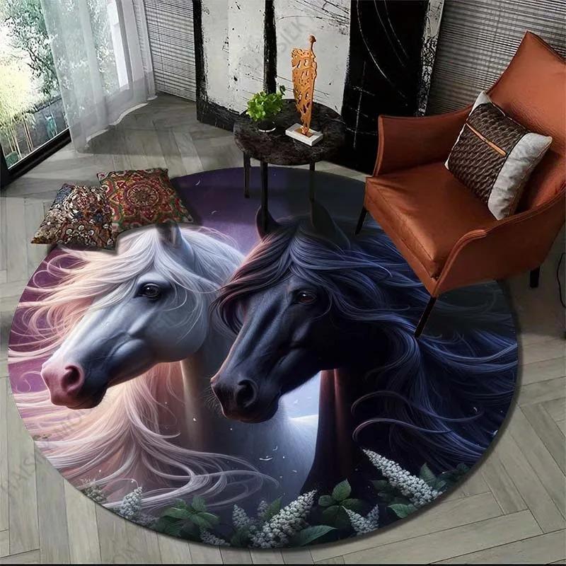 Black White Horse Couple Floral Round Rug Carpet Floor Mat Door Mat Entrance Mat for Living Room Play Room Home Decoration