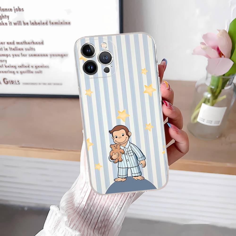 Cute C-Curious G-George Monkey for iPhone 17 16 15 14 13 12 11 Pro Max Plus Transparent Soft TPU Phone Cover