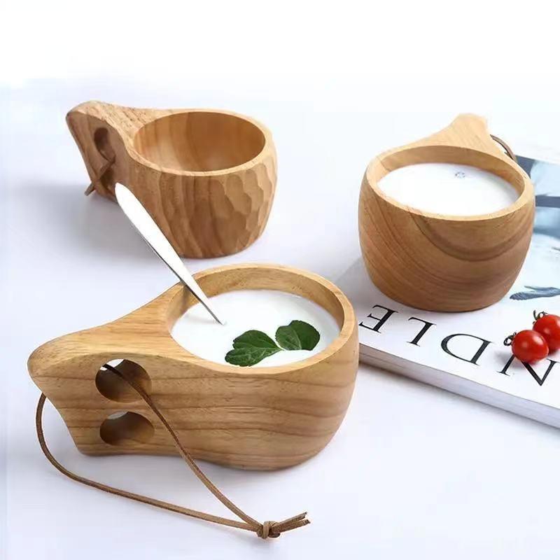 Non-Toxic Hand Carved Solid Lotus Wood Cup Kuksa Finnish Tableware With Handgrip Travel Wine Beer Cups For Bar Kitchen Gadgets