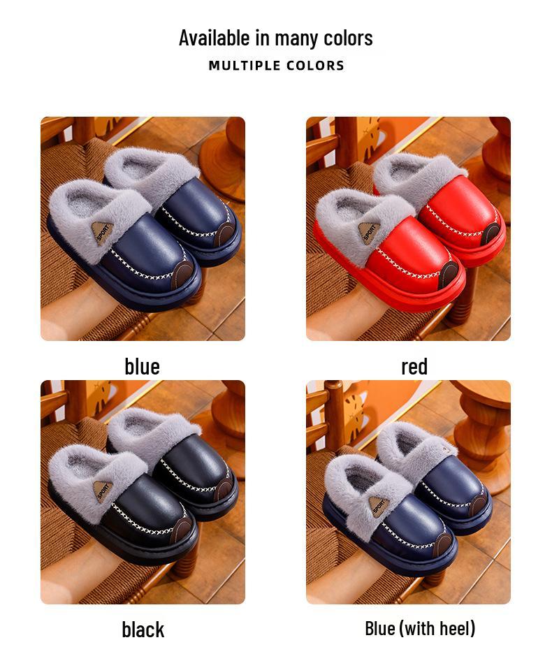 Warme rutschfeste Baumwoll-Hausschuhe für Kinder und Erwachsene mit PU-Leder, weicher Sohle und Plüschfutter für Zuhause.