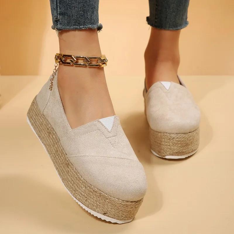 2024 Frühlings- und Herbst-Damenschuhe, modische Slip-On-Schuhe mit runder Spitze, einfarbig, vielseitig, dicke Sohle, mittlerer Absatz