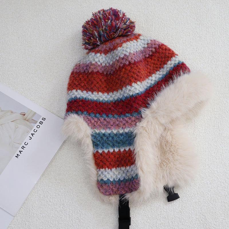 Warm Knitted Hat Women's Winter Color Striped Lei Feng Hat Outdoor Plush Hat