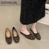 Fashion SUOJIALUN 2024 Summer New Brand Women Flat Shoes Fashion Leopard Print Ladies Elegant Shallow Slip On Soft Ballerinas Shoes
