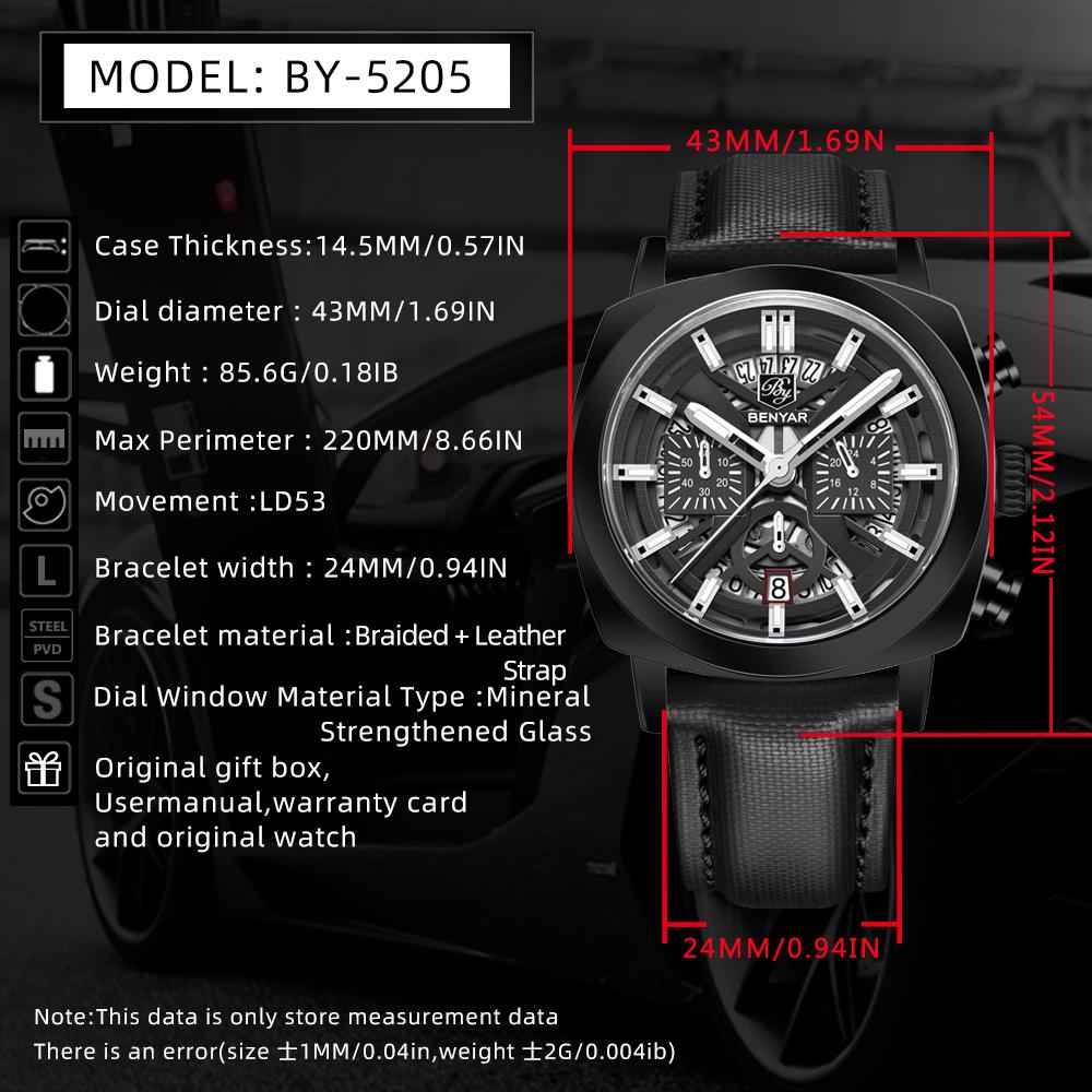 Benyar5205 New Men's Quartz Watch 43mm Luminous Dial 50m Water-Resistant Anti-Reflective Chronograph Fashionable Timepiece