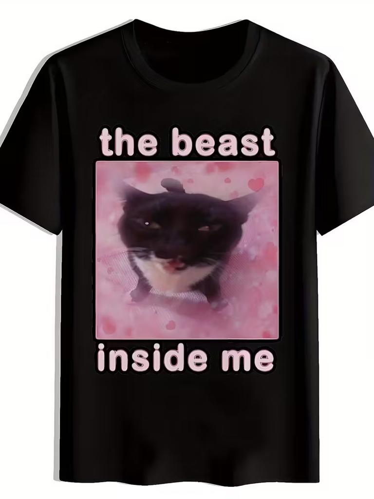 Men'S Black T-Shirt with "The Beast Inside Me" Graphic - Funny Cat Design