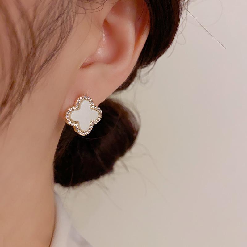 Fashionable and Versatile Small and Simple Micro-inlaid Four-leaf Flower Earrings Light Luxury High-end Earrings