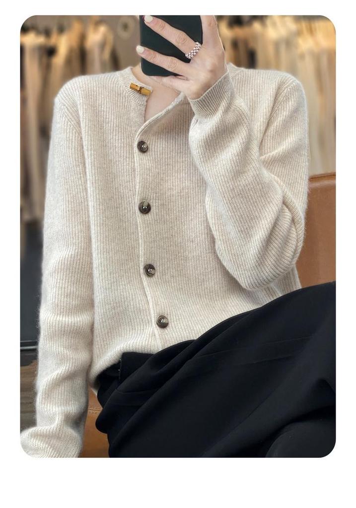 Autumn-Winter 2025 Wool Cardigan: Short, Thick, Oblique Lapel Jacket, Soft Cashmere Knit Sweater.