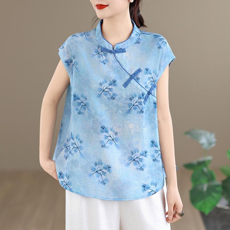 Real Shot Summer 2026 Retro Plus Size Sleeveless Printed Cotton Linen Top & Shorts Set for Women XL