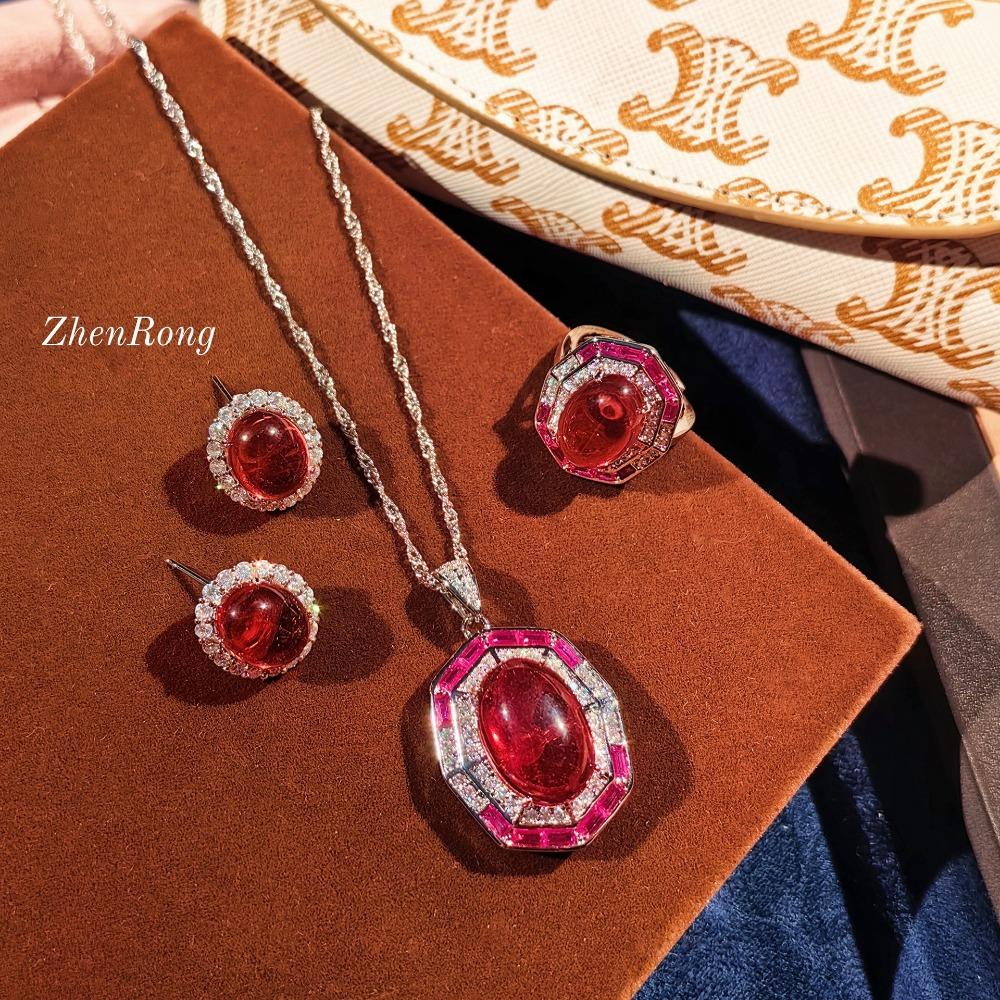 Women Jewelry Set Glossy Simulated Pigeon Blood Ruby Exaggerated Egg Zircon Pendant Earrings Open Ring