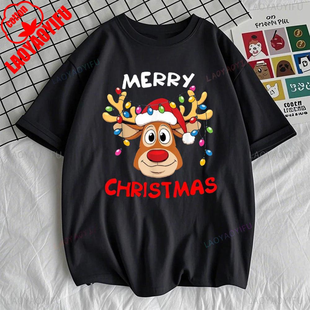 Frohe Weihnachten Rentier Weihnachten Familie Damen T-Shirt Erntedankfest Mode Streetwear O-Ausschnitt Kurzarm Baumwoll-Tops