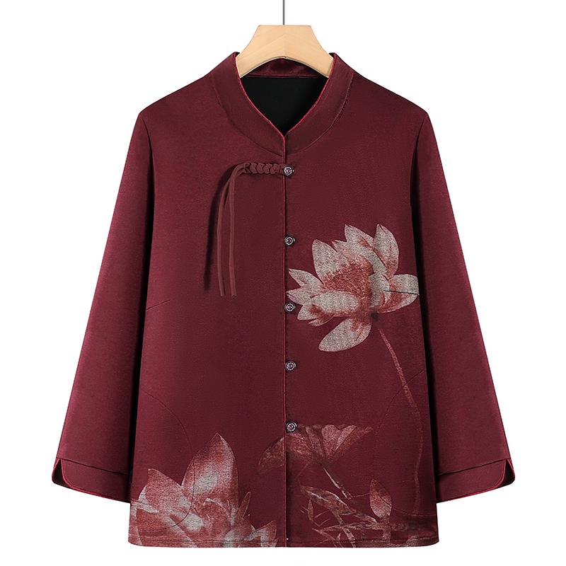 

Grandma s Stylish Spring-Autumn Long Sleeve Stand Collar Top for Middle-aged & Elderly Women - New Chinese Style Loose Fit 5XL (145-160 lbs)