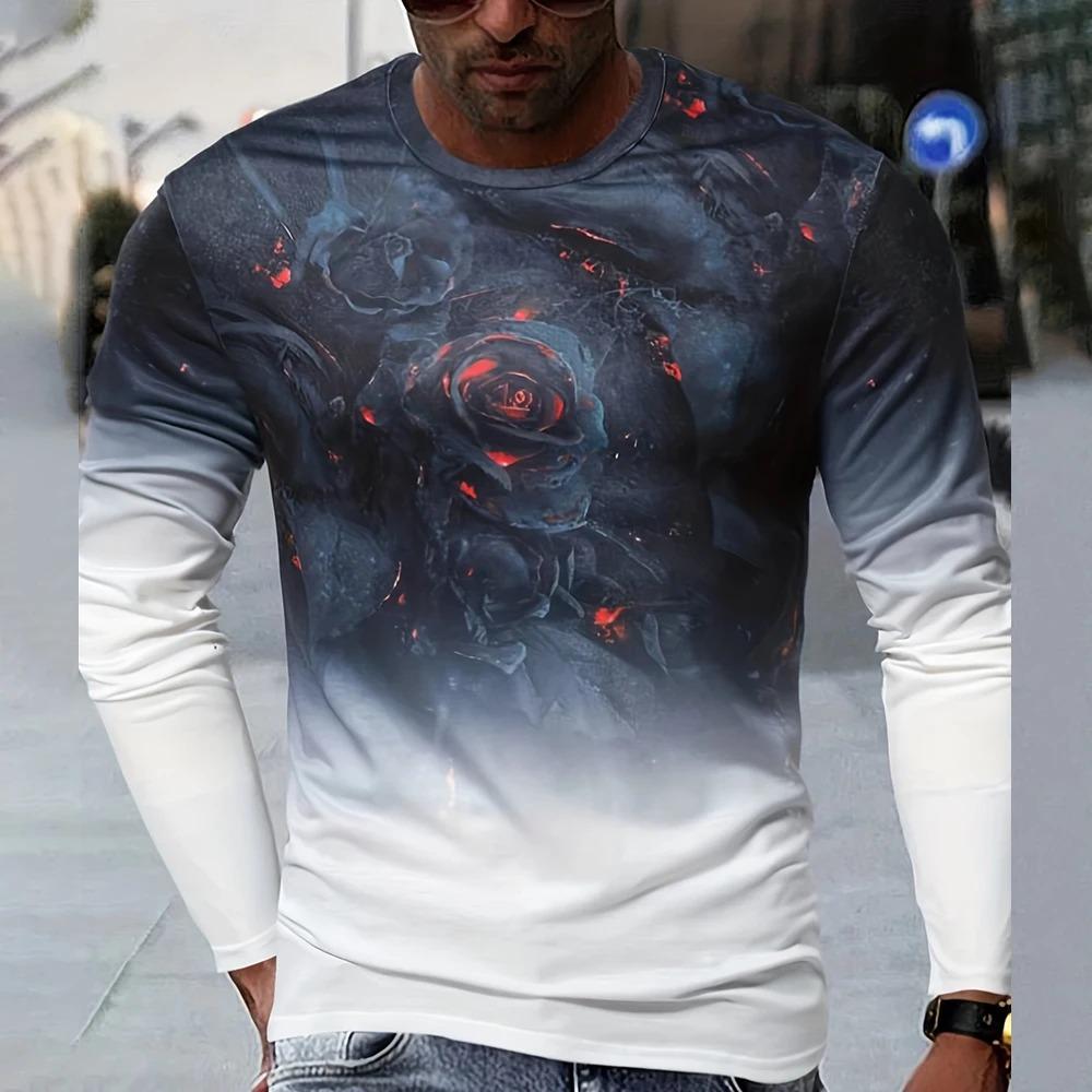 Flame Fall 3D-gedrucktes Herren Retro Street Rundhals Langarm-T-Shirt