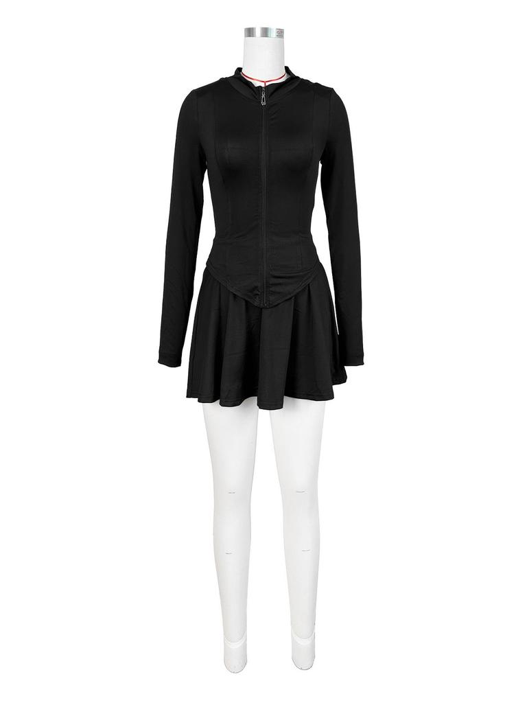 HR24029 Women's Sporty Casual Bodycon Waist-cinching Flared Skirt Set with Safety Shorts