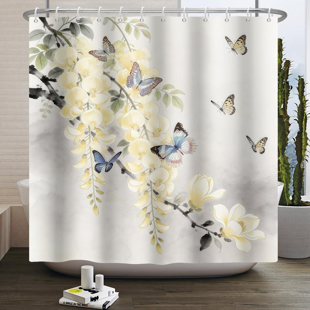 Fashion Modern Plant Shower Curtain Colorful Butterfly Flowers Shower Curtains Bathroom Decor Waterproof With 12 Hooks Curtains