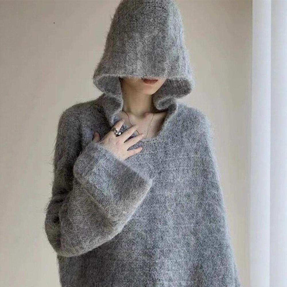 

Lazy Style Hooded Knitted Sweater Autumn Winter Simple Casual Loose Pullovers Pure Color Versatile Tops One Size