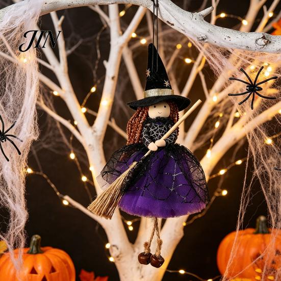 Festlicher Halloween-Schmuck Hexe Puppe mit Besen, Kleine Hängende Figur Partydekorationen Tüllrock für Spukhaus, Türfenster Dekor
