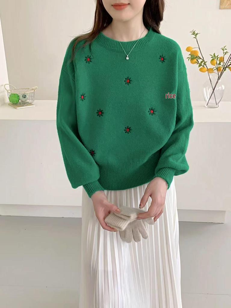Damen Herbst/Winter Locker Gestrickter Pullover mit Blumenstickerei - Koreanischer Retro-Stil