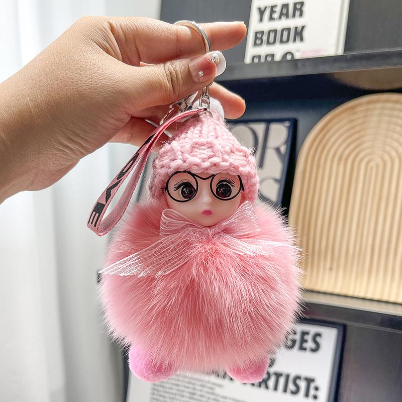 Pompom Sleeping Baby Keychain Cute Fluffy Plush Doll Keyholder Women Girl Bags Keyrings Cars Key Ring Gift Charming Decoration