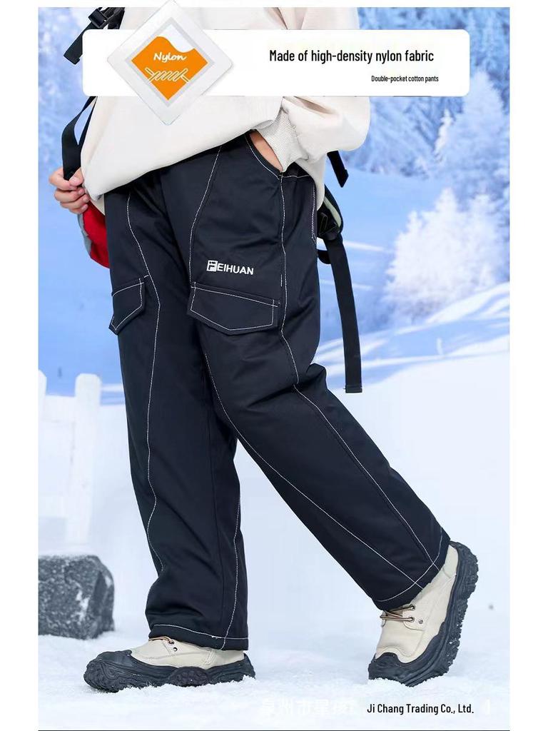Chłopięce zimowe bawełniane spodnie z podszewką z polaru: Wiatroodporne, Ciepłe, Wodoodporne Luźne Spodnie Sportowe