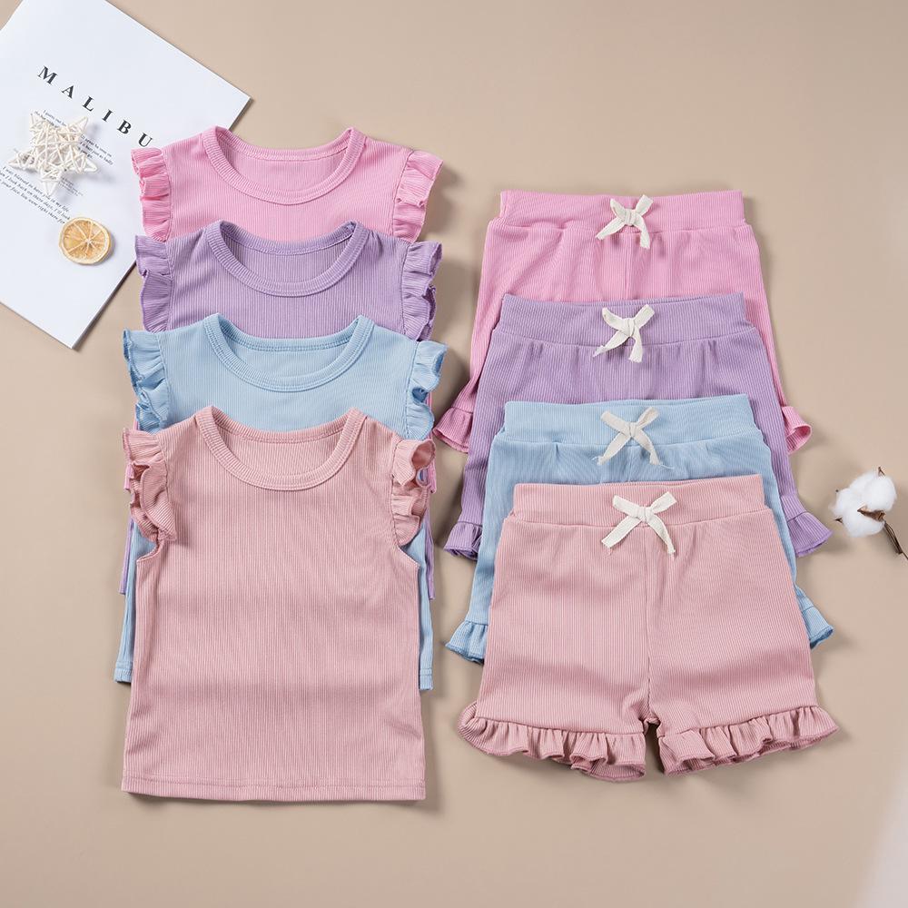Girls' Solid Color Short Sleeve Shorts Set 2025 Summer Children's Fashion Set