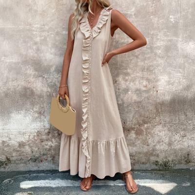 Vestido informal de lino y algodón con volantes para mujer, sin mangas, con cuello en V, estilo túnica, largo, para playa y verano