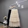 Spring 2026 Women's Irregular Layered Mesh Skirt: Long, Slimming Gauze Design, Heavy Work Detail.
