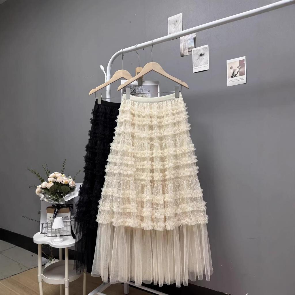 Spring 2026 Women's Irregular Layered Mesh Skirt: Long, Slimming Gauze Design, Heavy Work Detail.